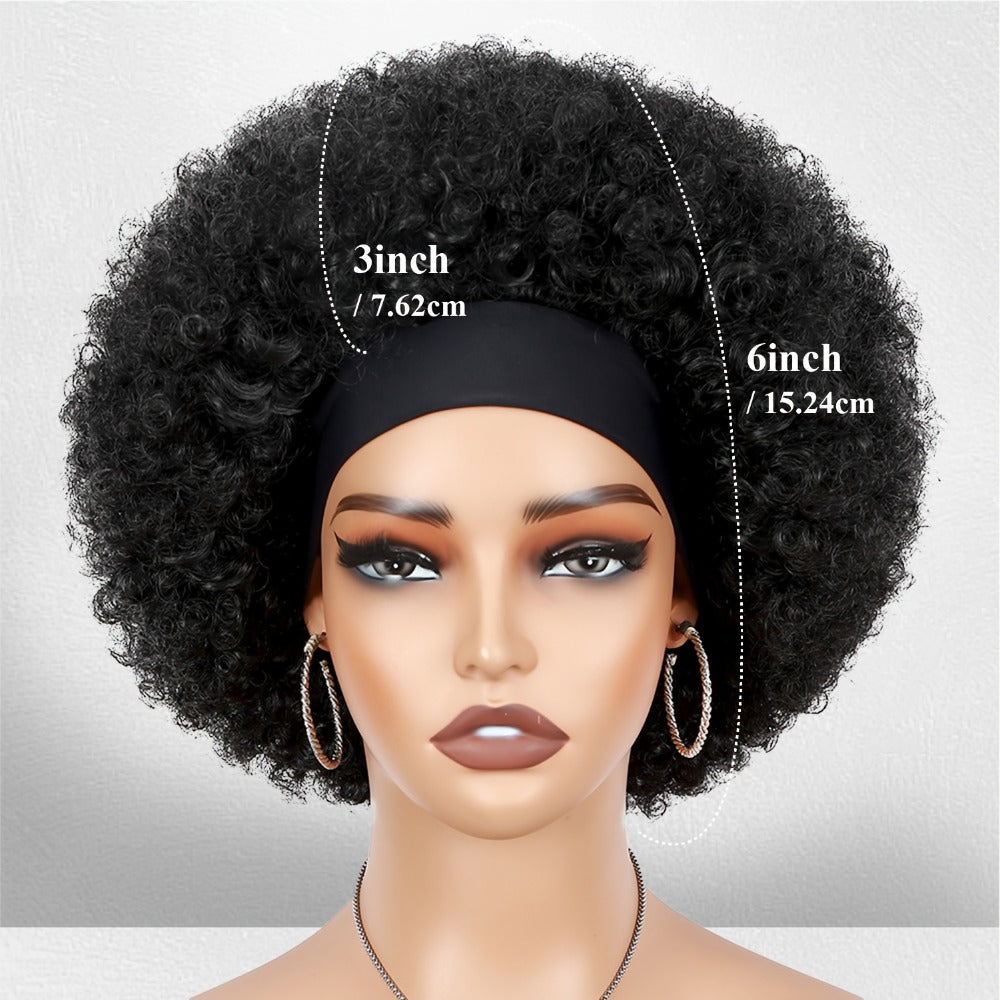 Afro Curly Headband Wig for Women Short Kinky Curly 180% Density – No Lace No Glue Synthetic Wig with Attached Headband, Heat