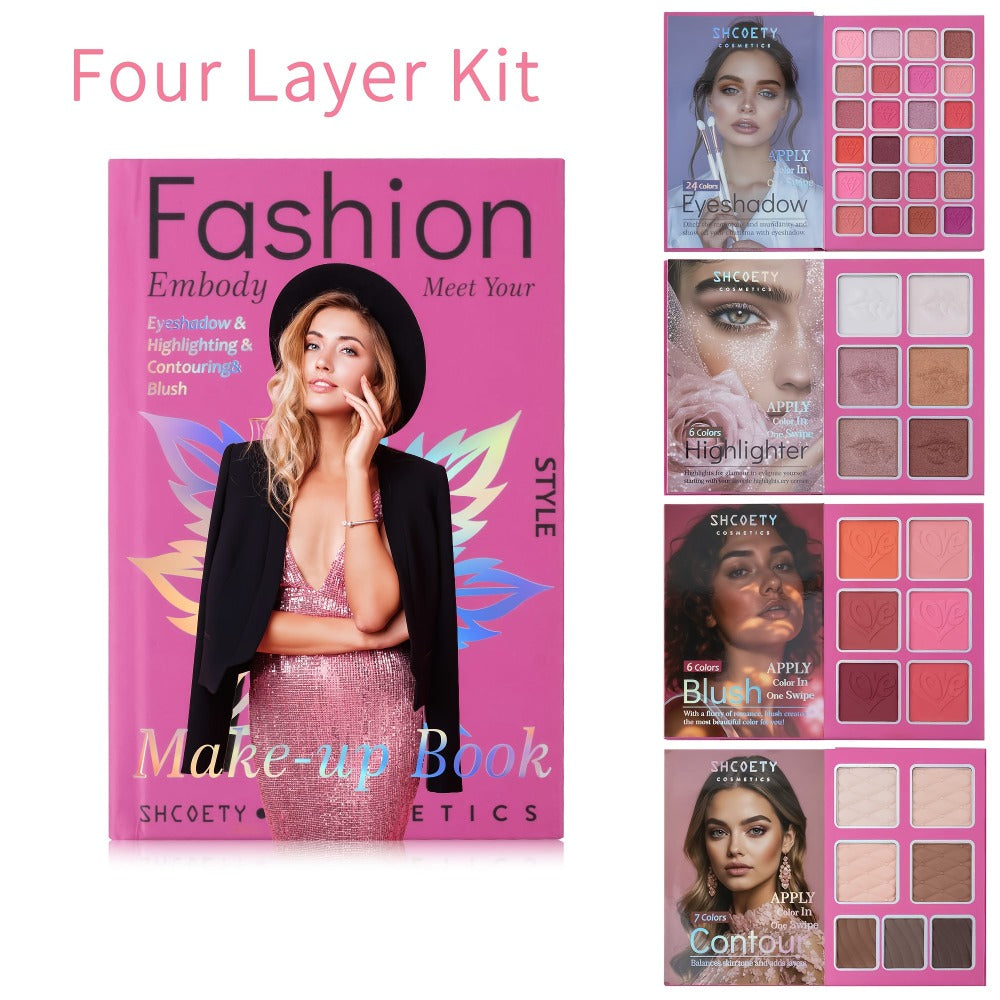Eyeshadow Palette Book Style SHCOETY 4-in-11 Makeup Kit, 24-Color Eyeshadow + 6-Color Highlighter + 6-Color Blush + 7-Color C