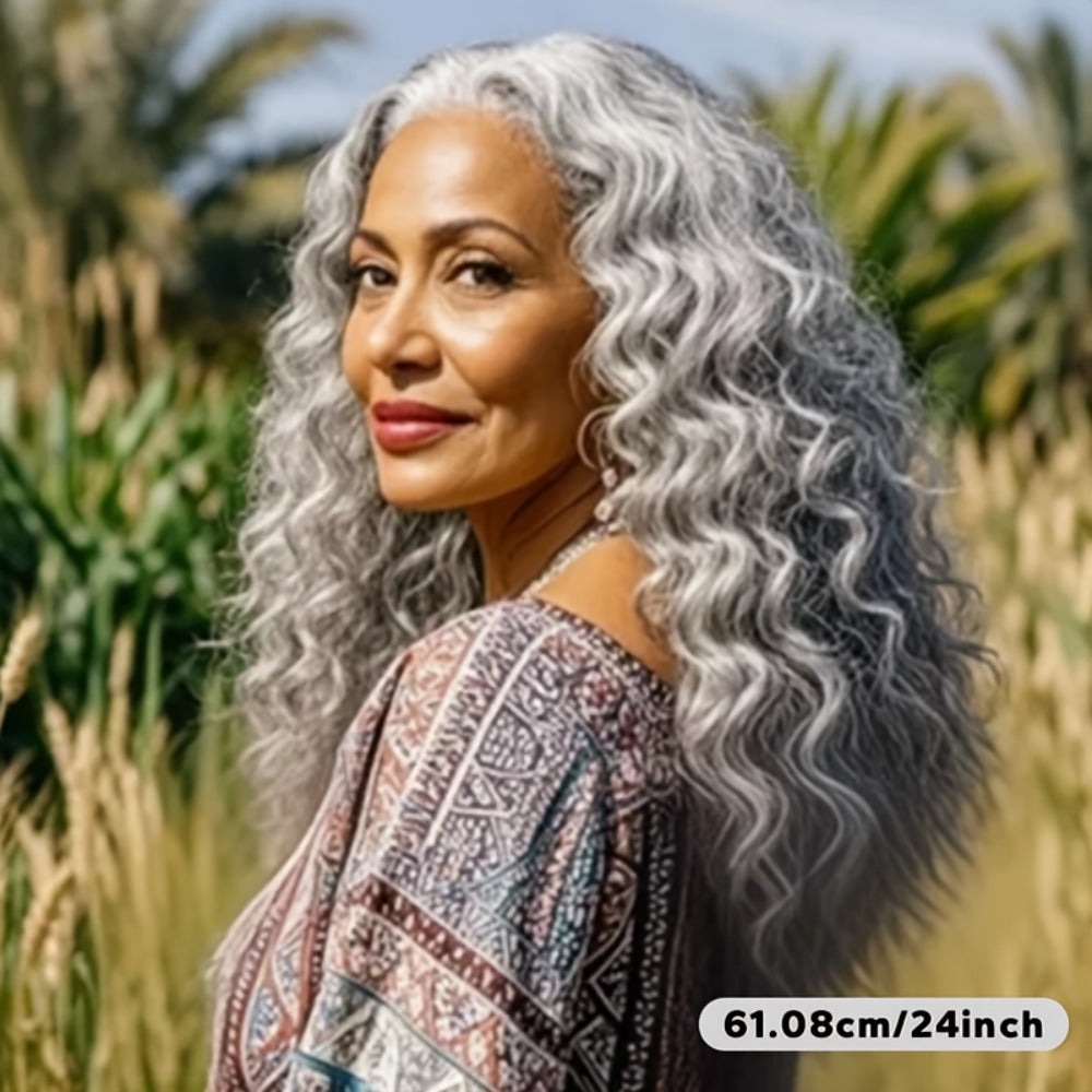 Synthetic Wig 24-Inch Space Gray Deep Waves with Glueless Buckle Cap and Rating with Item-Specific Color, Length, Texture and