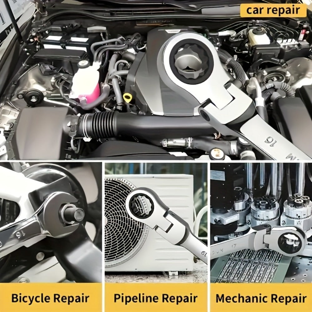 CR-V Flex Head Ratchet Wrench Set 5-Piece – 2-in-1 Reversible Open End & Hex Socket Dual-Purpose Kit | Automotive Engine Bay,