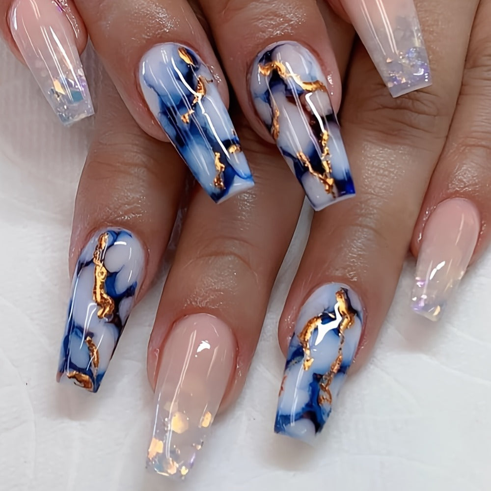 Press On Nails 144-Piece Medium Coffin Set with Blue Marble, Sequins and Included Nail Glue — image 7