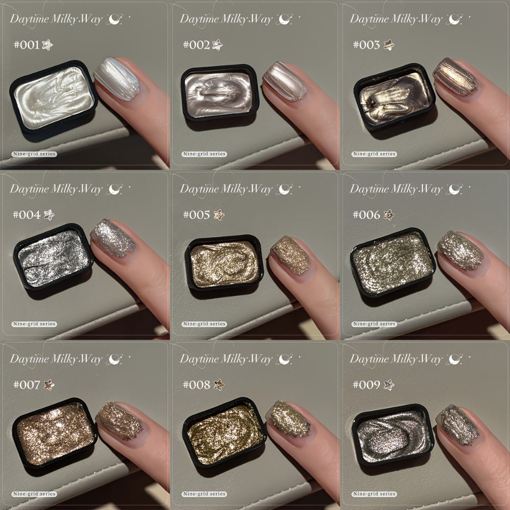 Shimmer Nail Art Gel Nine-Color Grid Palette with Metallic Neutral or Milky Way Color Selection — image 9