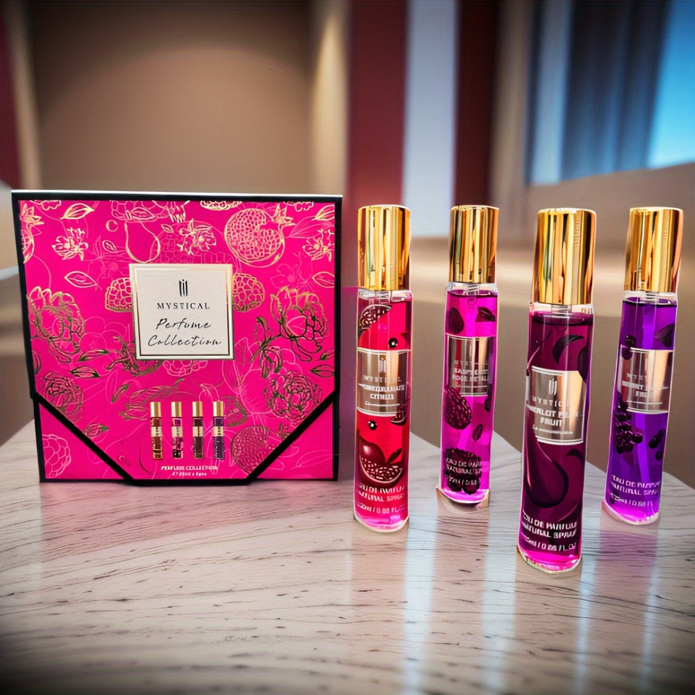 Perfume Gift Set MYSTICAL Four 20ml Eau de Parfum Spray Bottles with Gold Caps in Pink Floral Box — image 1
