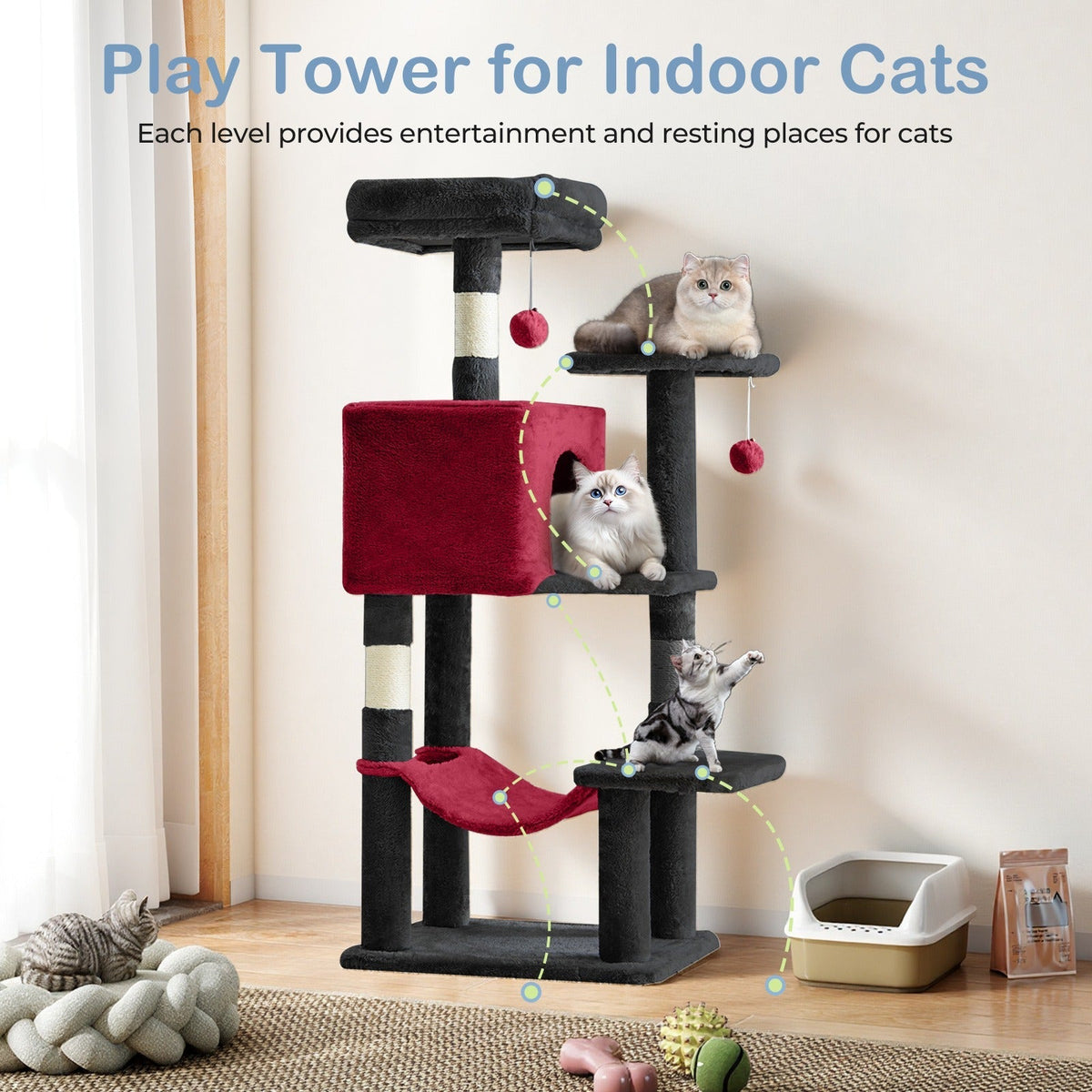 Multi-Level 44in Cat Tower with Enclosed Condo, Hammock, Round Platforms and Sisal-Wrapped Posts — image 32