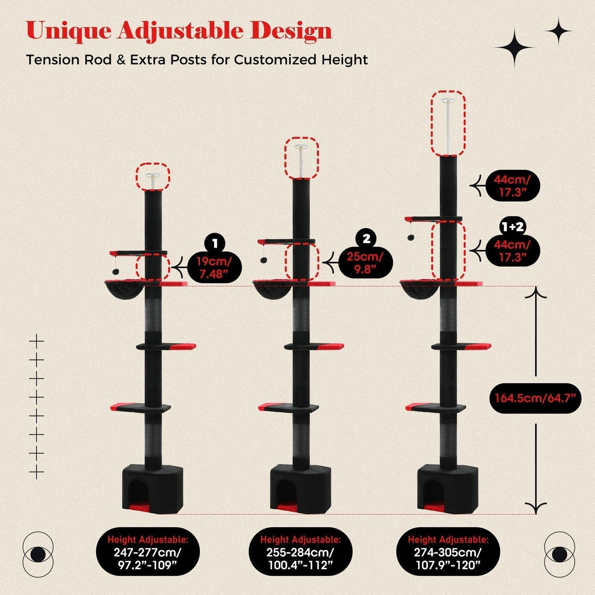 90-107.9-Inch Floor-to-Ceiling Cat Tree with Four Platforms, Tension Post and Five Style Options — image 4