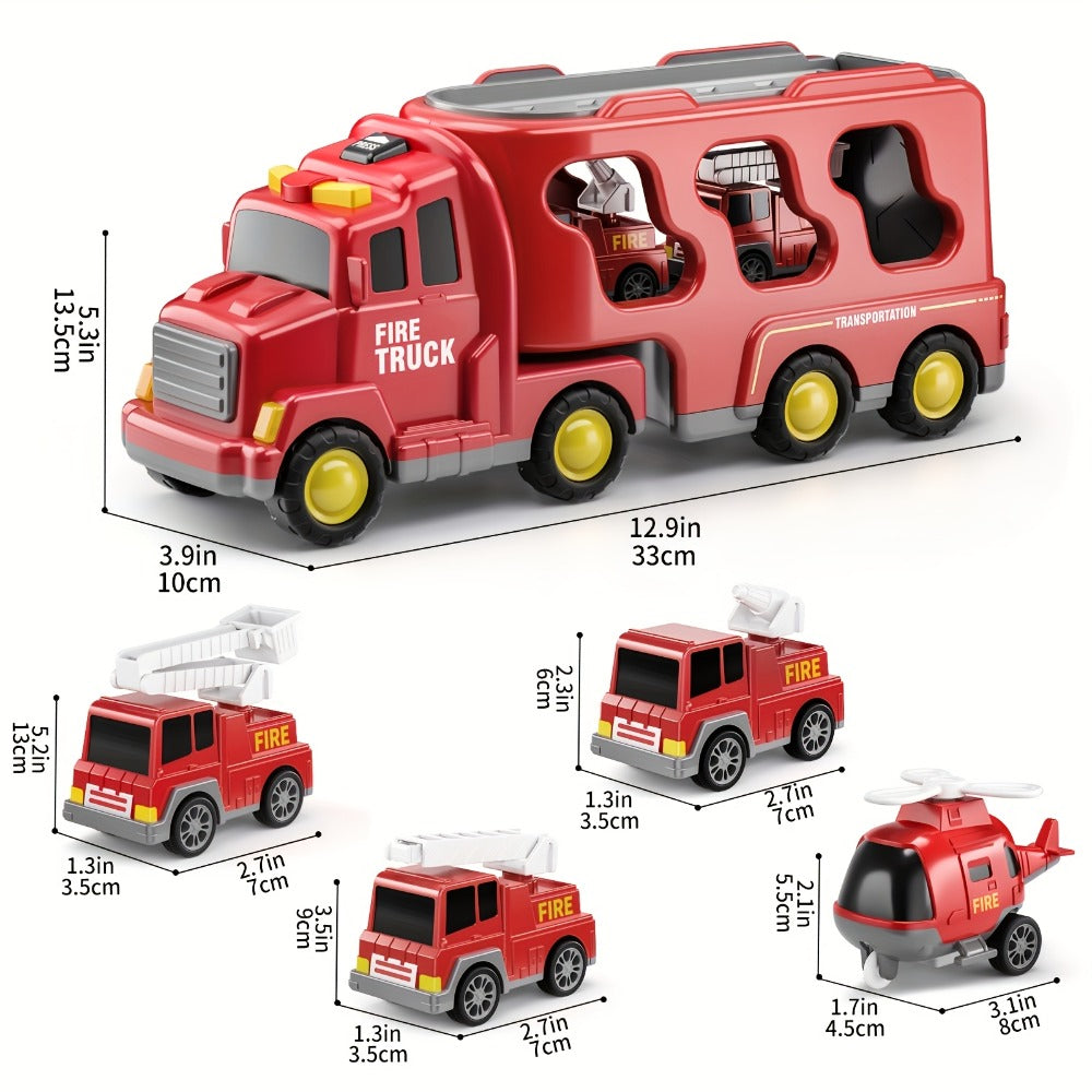 5-in-1 Fire Truck Playset for Kids 3-9, Friction Powered Interchangeable Rescue Vehicles Set with Carrier Truck — image 2