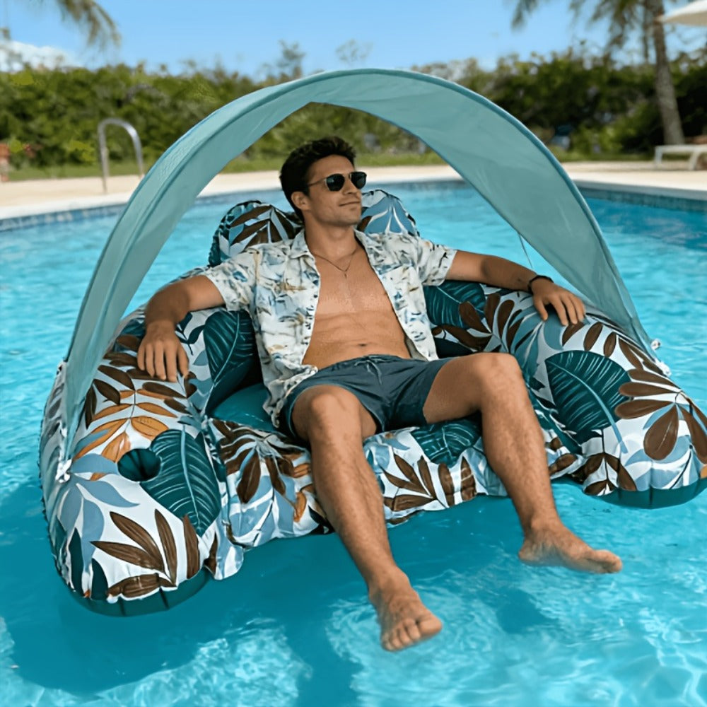 Tropical Leaf Inflatable Pool Lounger with Canopy, Cup Holder, Two Donut Drink Rings and Green or Blue Options — image 7