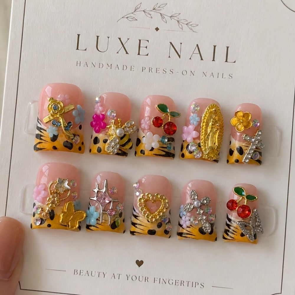 Press On Nails 10-Piece Short Duck-Tip Acrylic Set with Cherry, Bee, Flower, Cross and Star Designs — image 7