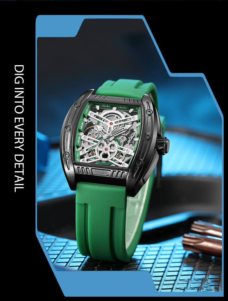 Men's Wine Barrel Type Mechanical Watch Silicone Tape