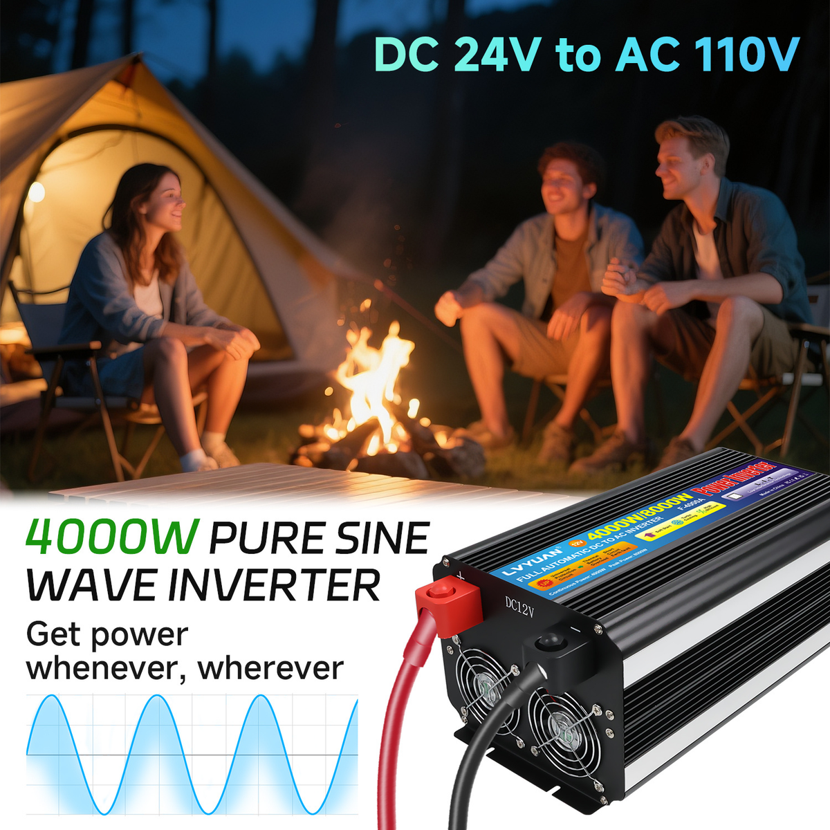 Pure Sine Wave Power Inverter 4000W 8000W Peak DC 12V to AC 110V with LCD Display Remote Control 4 AC for Garden, Patio and Y