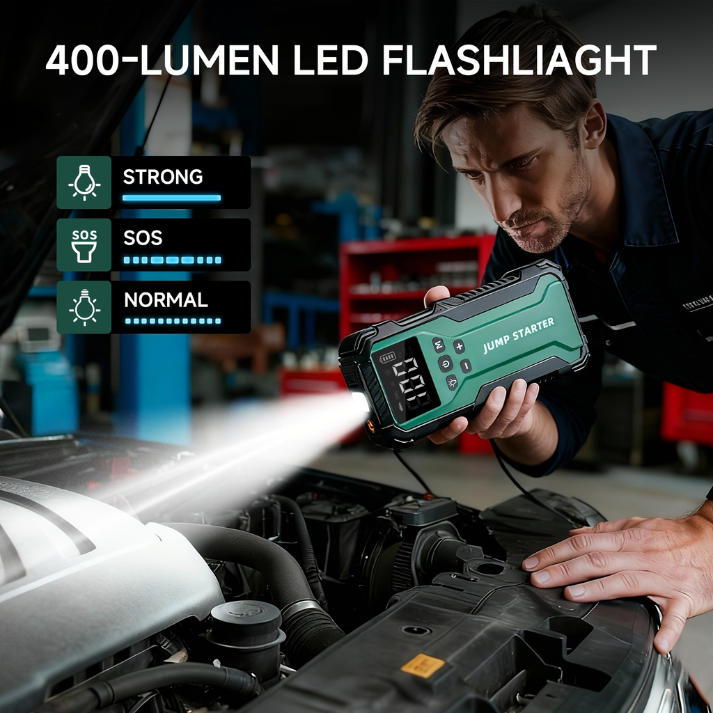 10000A Car Jump Starter with 12V Clamps, LED Light and Optional Integrated Air Pump in Red, Green or Gray — image 20