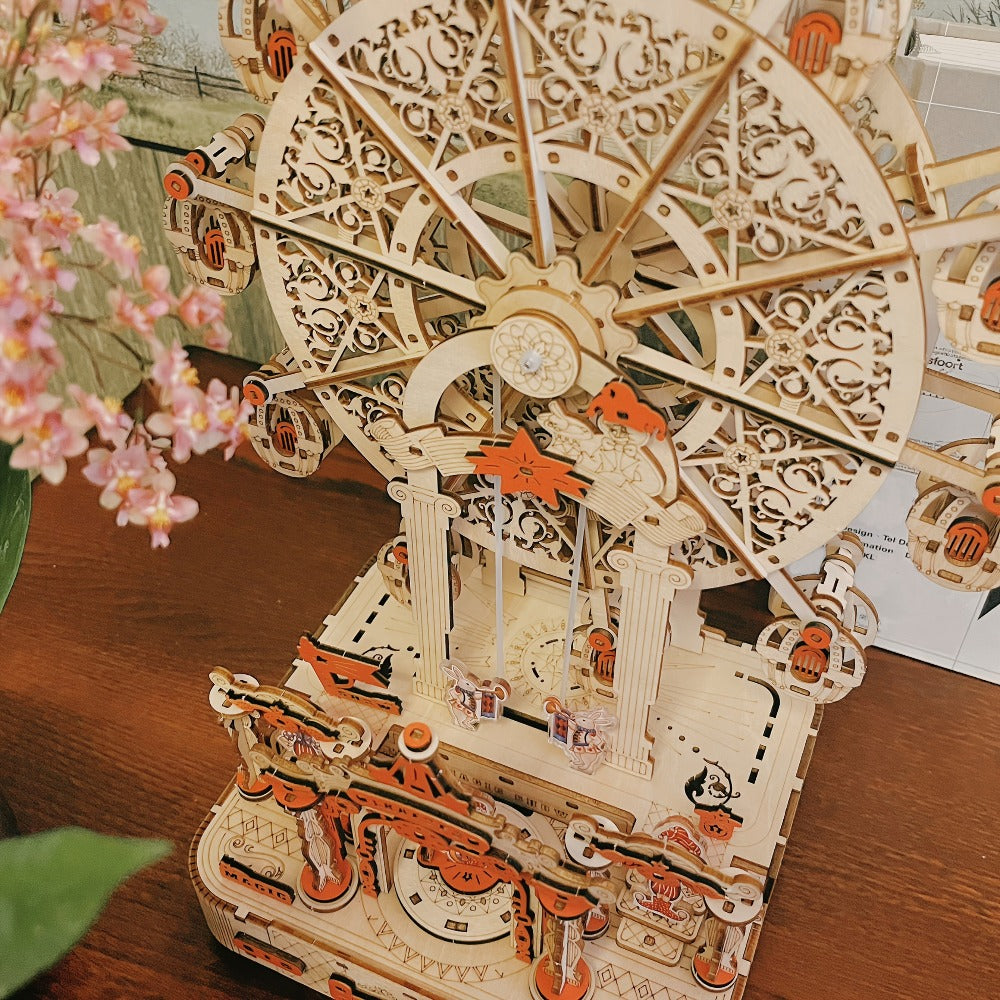 DIY Wooden Ferris Wheel Music Box Kit, 3D Mechanical Spinning Puzzle Model with the Listed Color, Size or Set Options for Eve
