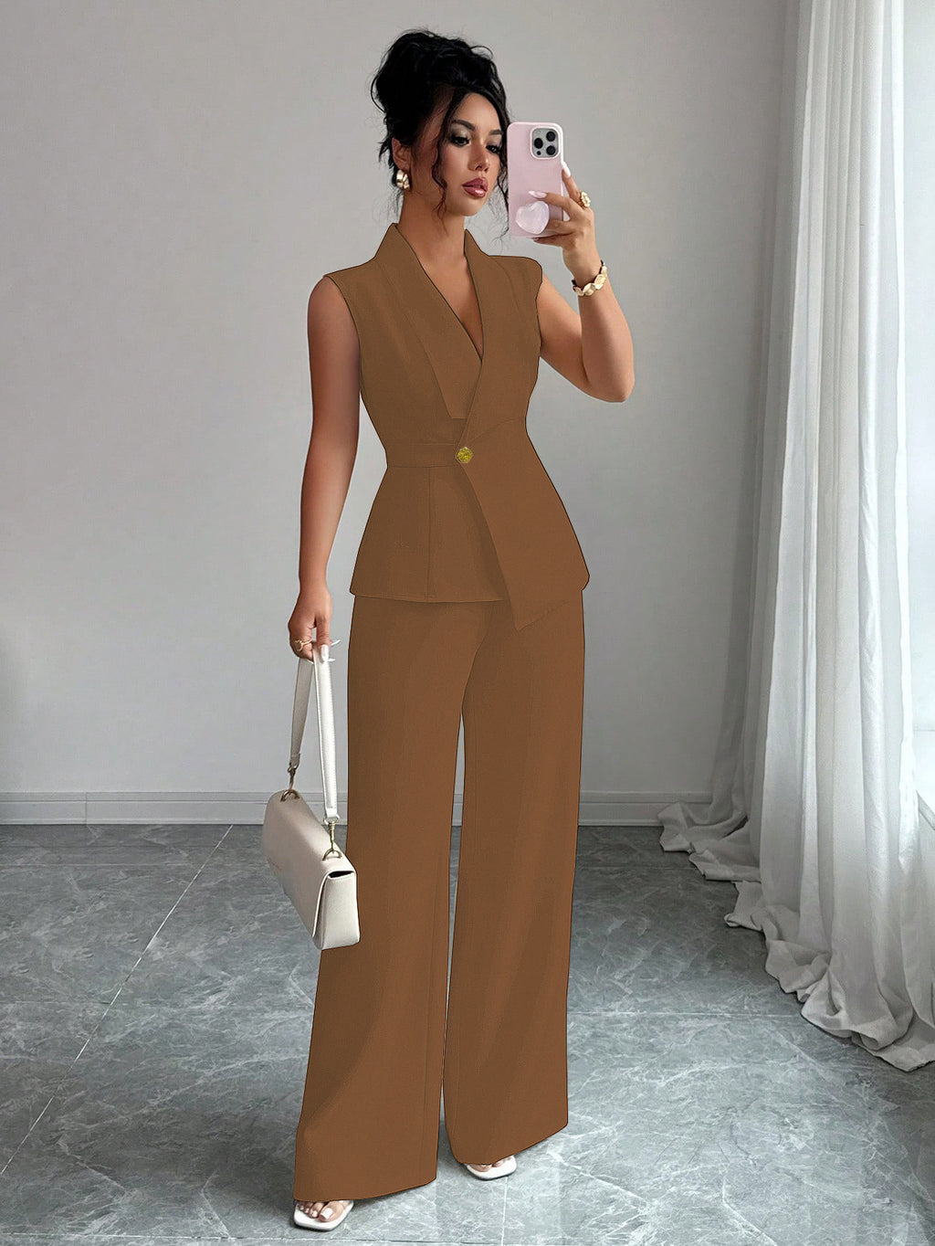 Solid Color Vest Straight-leg Trousers Suit For Women