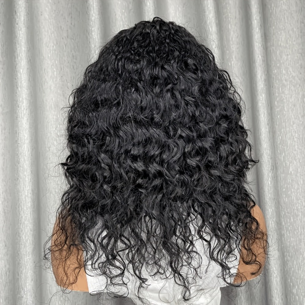 Remy Human Hair Water Wave Wig with Bangs Glueless Full Machine Made Rose Net Cap, for Home, Travel and Salon Hair Styling — 