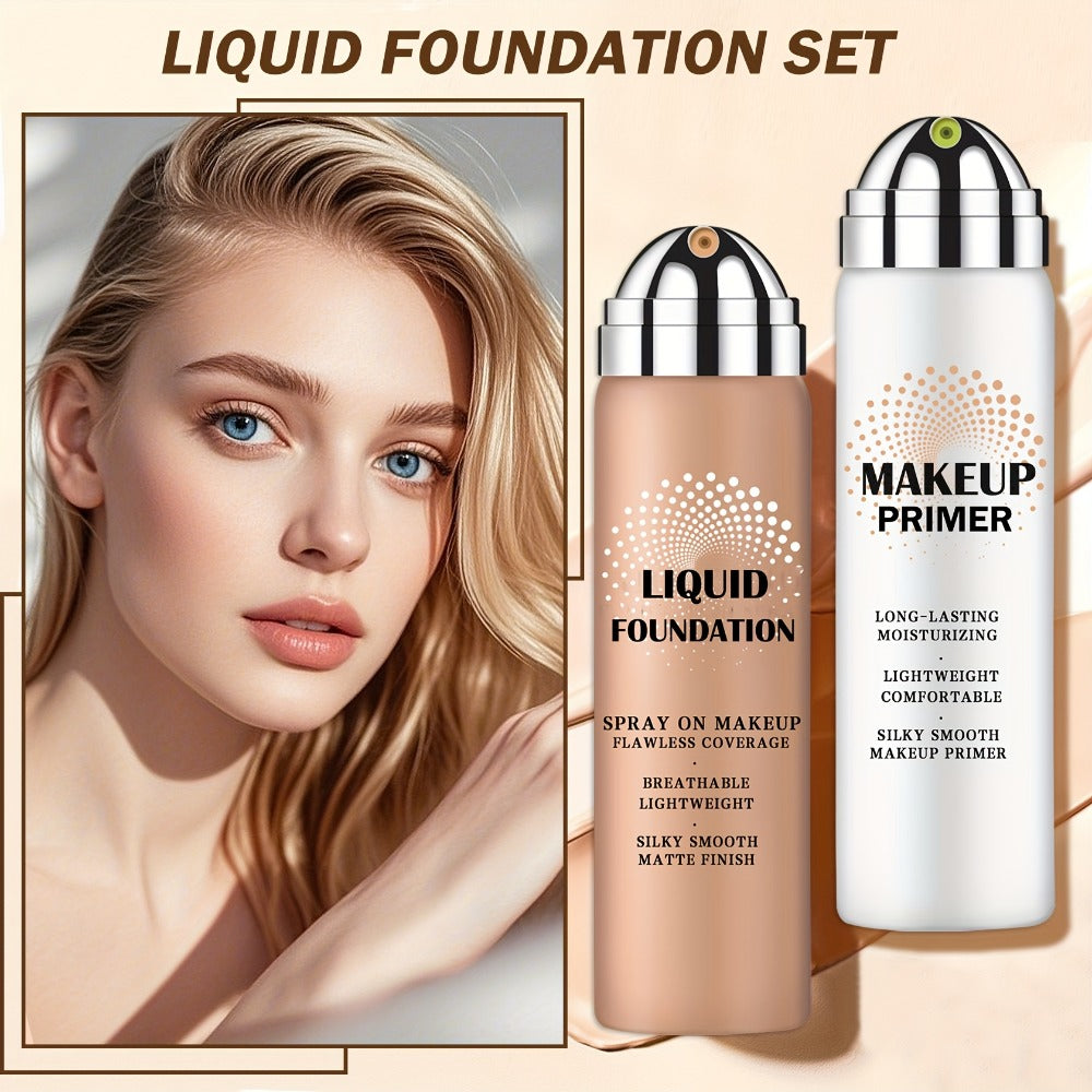 Liquid Foundation & Primer Set for Mature Skin 3-in-1 CC Cream BB Cream Silky Smooth Formula, for Makeup, Travel and Everyday
