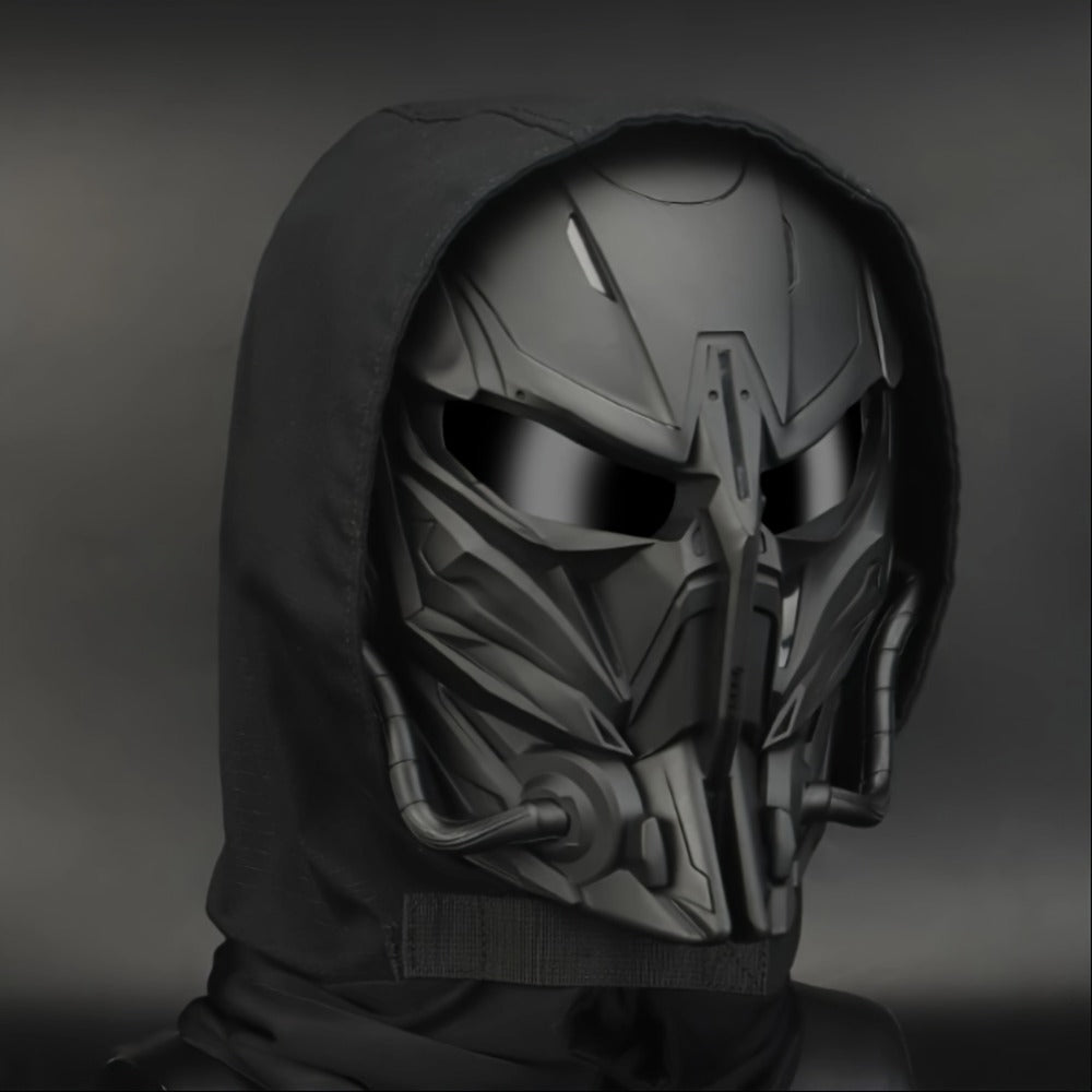 Black Mechanical Costume Mask with Sculpted Lower-Face Panel, Dark Eye Visor and Side Vent Details — image 1
