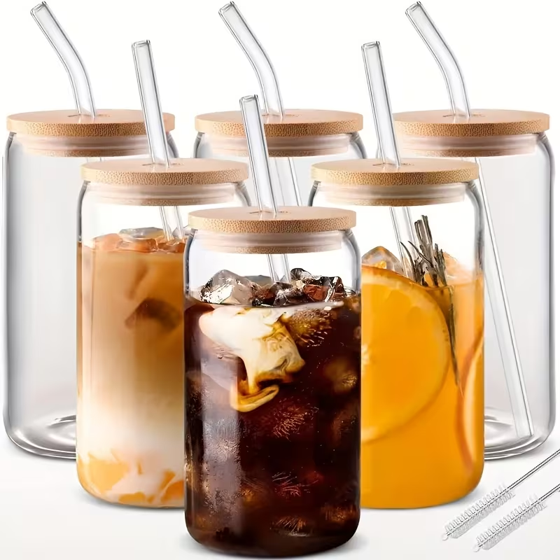 Drinking Glasses Set with Lid and Straw 550ml Oval Glass Cups 4 or 6 Piece, for Home Cooking, Dining and Outdoor Meals — imag