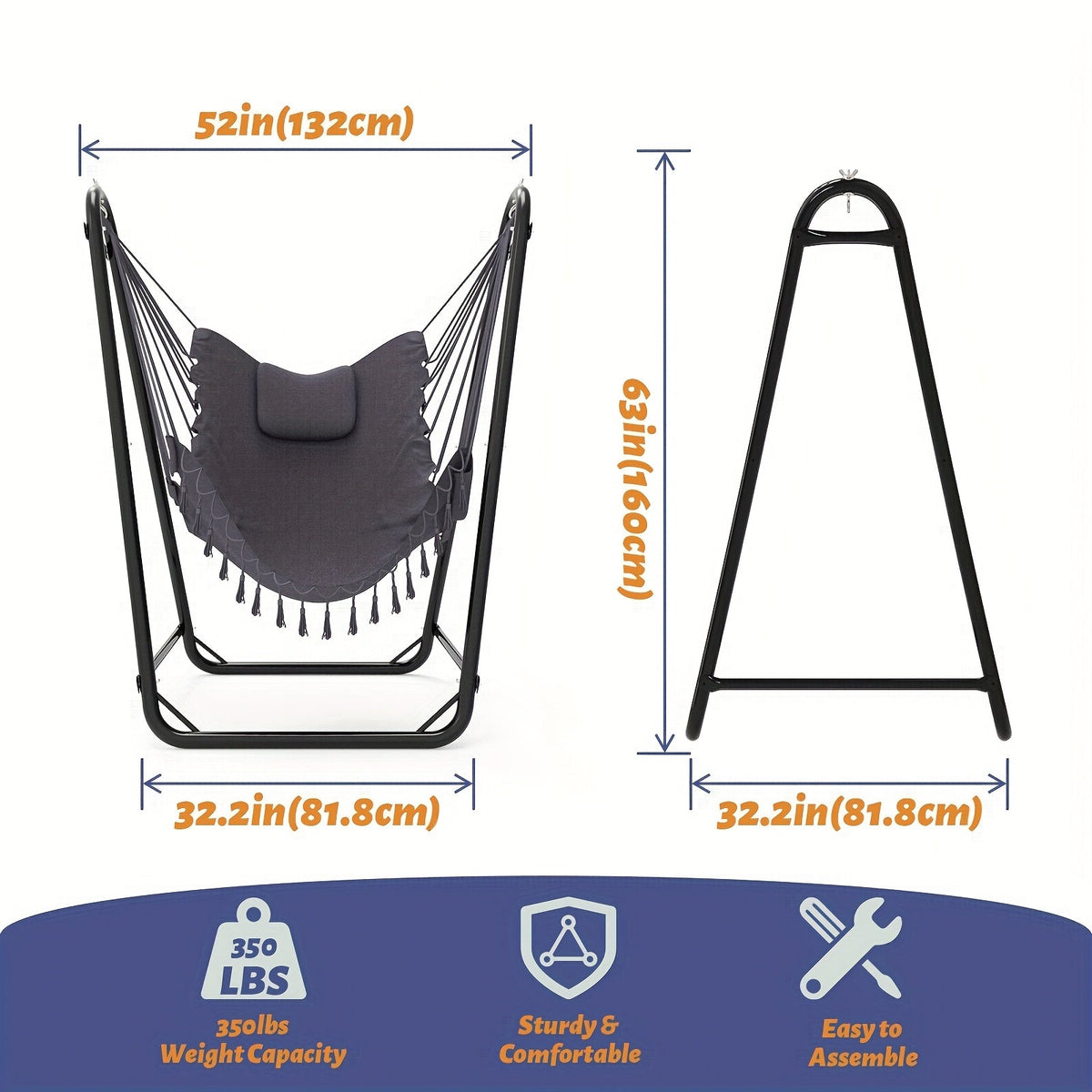 U-Shaped Hammock Chair Stand with Free Hanging Chair, Double Tube Steel Frame, Powder Coat, Side Pocket Included — image 6