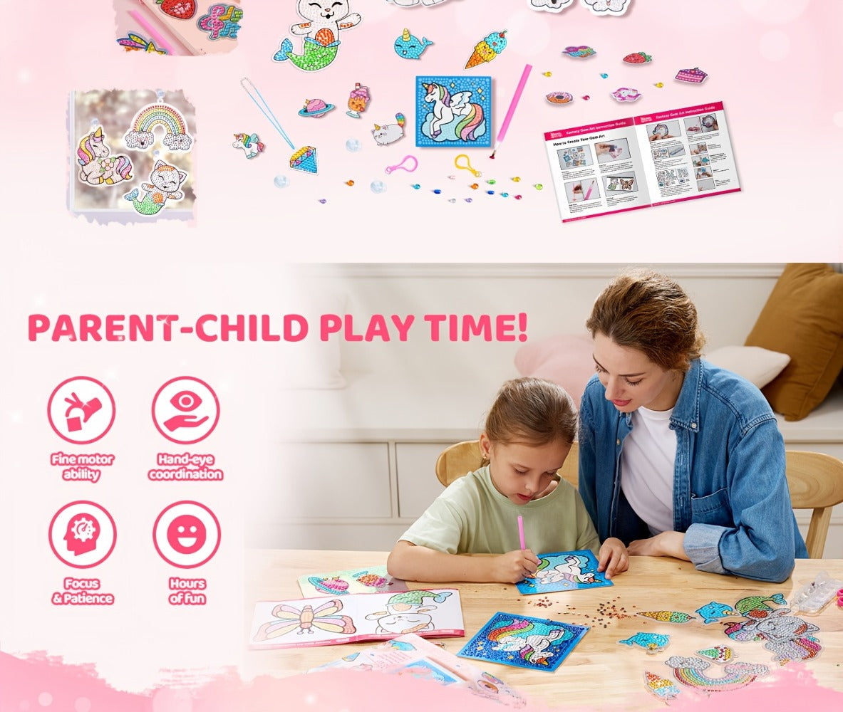 Diamond Gem Painting Kit for Girls Ages 6+ 16 Projects, 5D Gem Art Set with 2800+ Gems Unicorn Suncatchers Keychains Necklace