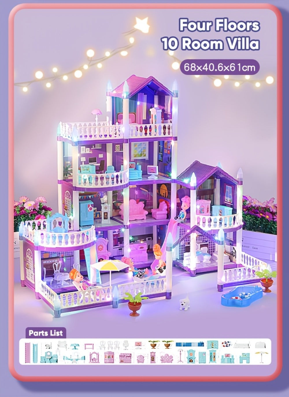 LED Dollhouse Playset for Girls, Purple Multi-Room Playhouse with Doll Figures, Puppies, Furniture & LED Lighting — image 27