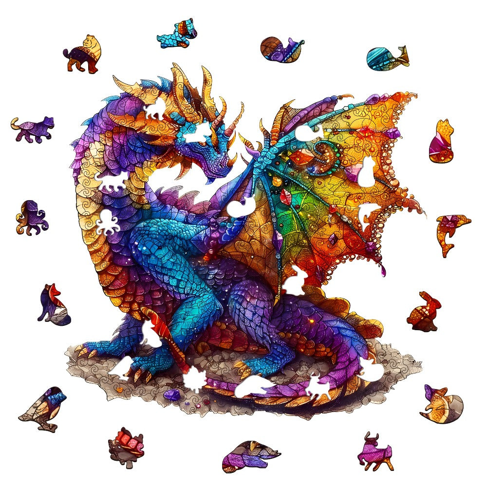Dragon Wooden Jigsaw Puzzle Gemstone Fantasy – Colorful Irregular Animal Shaped Pieces, Unique Non-Repetitive Plywood Brain T