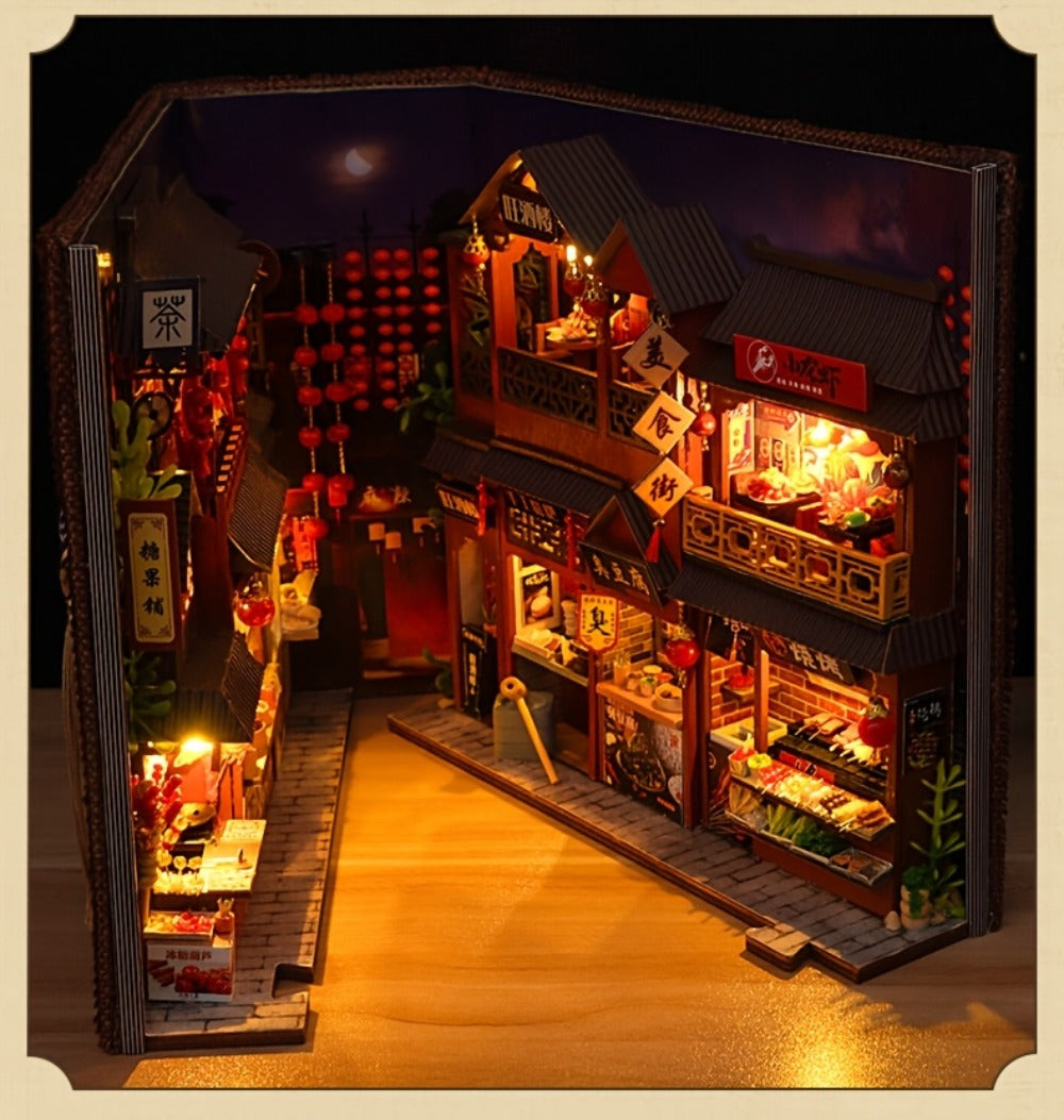 Book Nook Kit Chinese Food Street Miniature Dollhouse 3D Wooden Puzzle Bookshelf Insert DIY Model Building Set for Adults Tee
