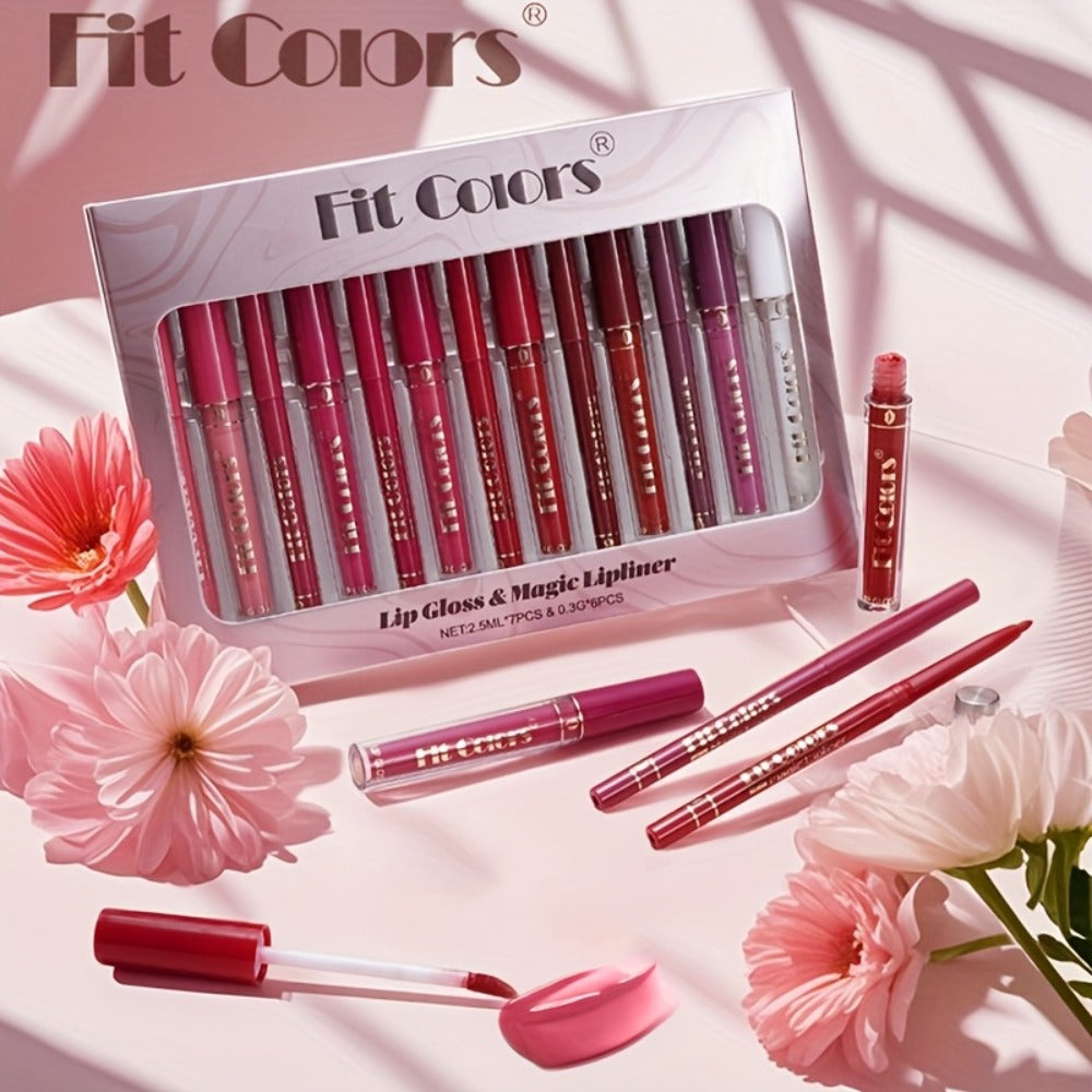 Lip Liner and Lip Gloss Kit 13 Piece Matte Non-Stick Waterproof Pigmented Long-Lasting Moisturizing Lip Glaze Combo Set for D