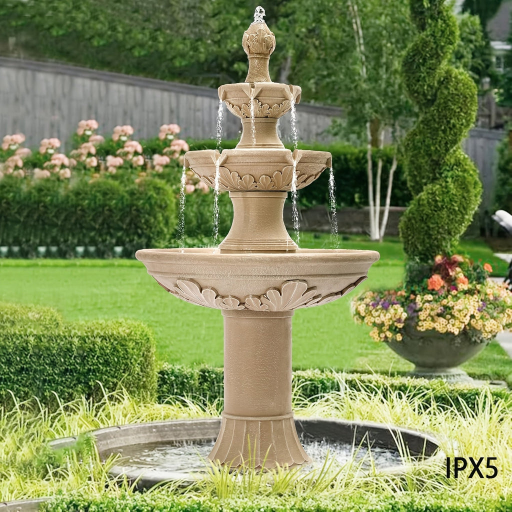 Outdoor Water Fountain 3-Tier 48.4" – Italian Cascading Garden Fountain with Carved Flowers, IPX5 Pump, Large Floor-Standing 