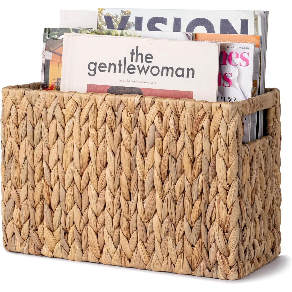 Magazine Holder Basket – Hand Woven Water Hyacinth Wicker Organizer for Bathroom, Office, Living Room, Bedroom Storage & Boho