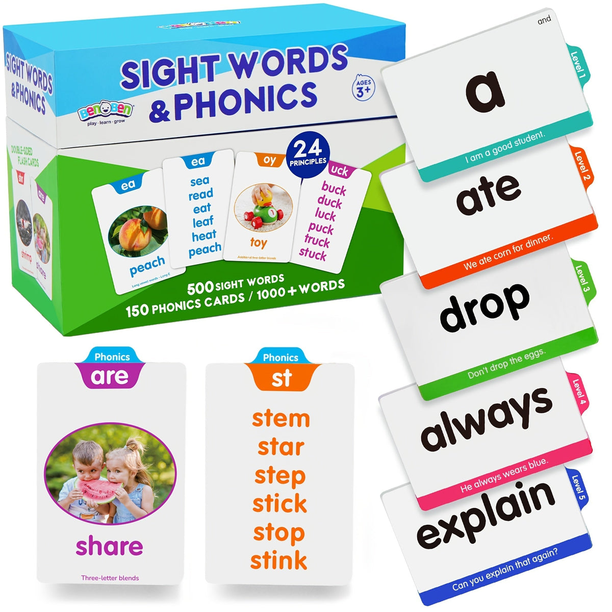 Sight Words Flash Cards 500 Cards & 150 Phonics Cards Set 1000+ Dolch Fry High Frequency Words CVC Blends Long Vowels | Learn