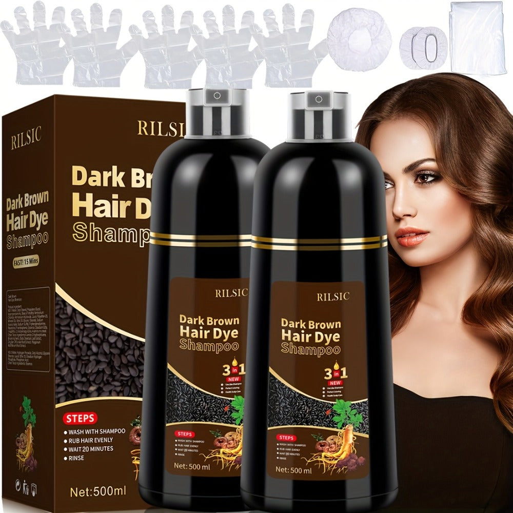 Hair Color Shampoo, RILSIC 3-in-1 Two-Pack of 500ml Pump Bottles with Black or Dark Brown Selection — image 5