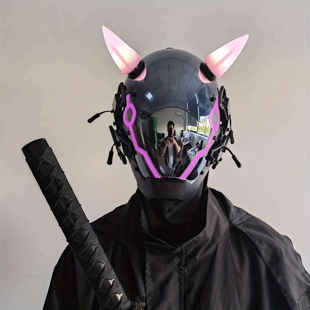Pink LED Cyberpunk Costume Mask with Horned Full-Face Helmet, Reflective Visor and Lighted Accent Lines — image 9