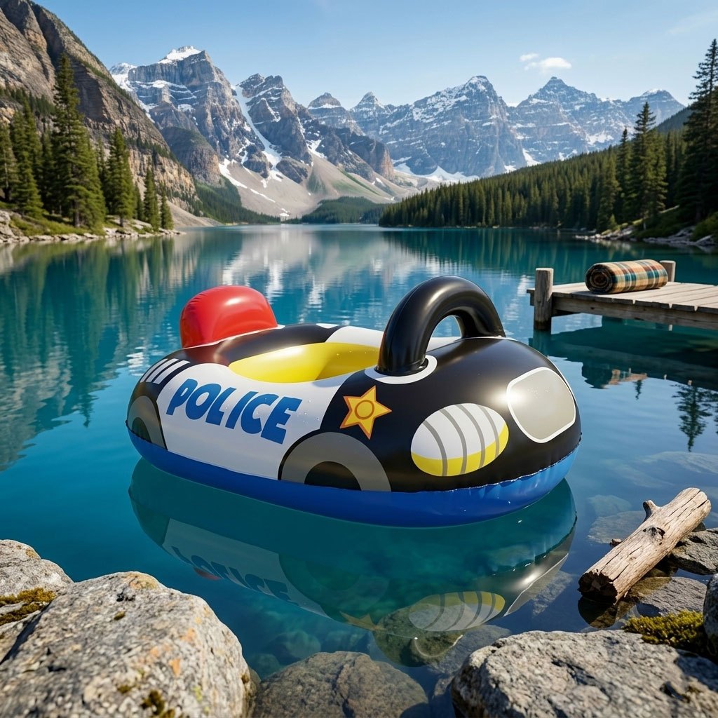 Car-Shaped Inflatable Pool Float with Black Printed Body, Center Opening and Steering-Wheel Detail — image 1