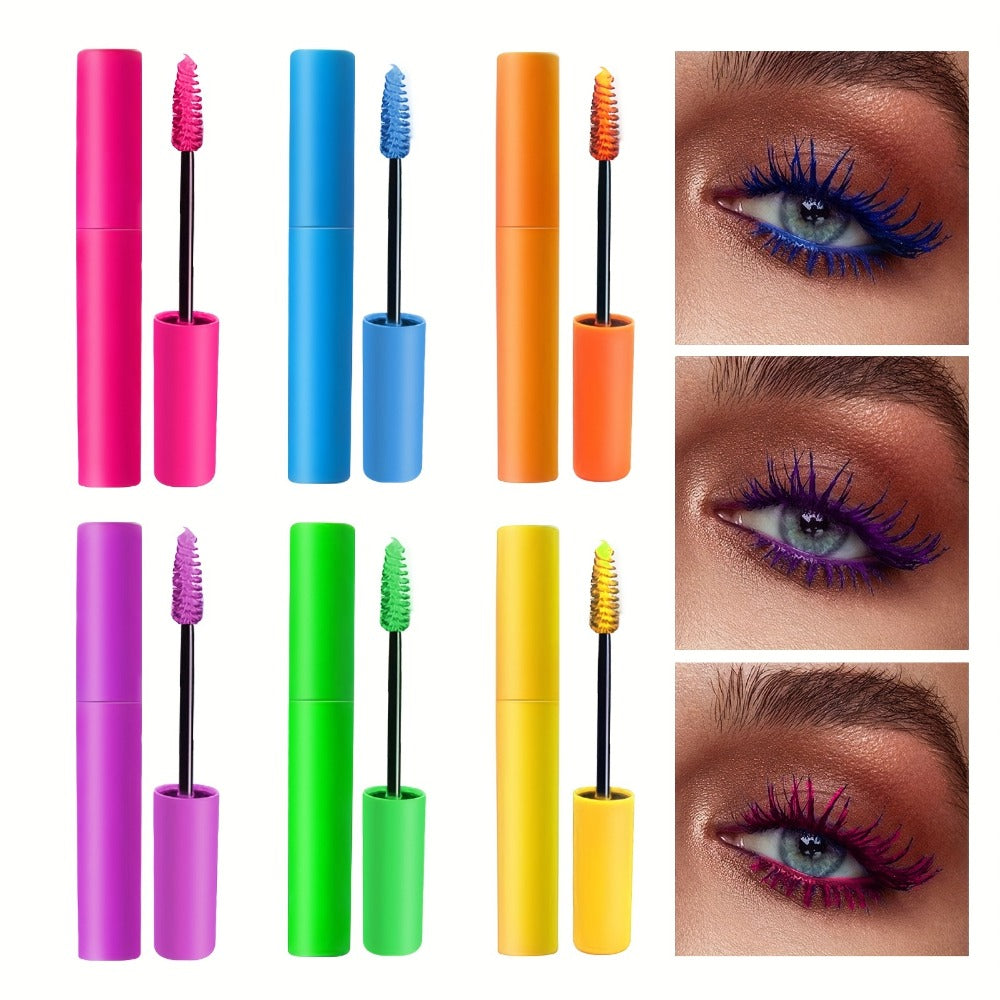 Colorful Mascara Set 6 Vivid Shades – Waterproof Smudge-Proof Curling Volumizing Lash Makeup, Purple Green Red Yellow Orange 