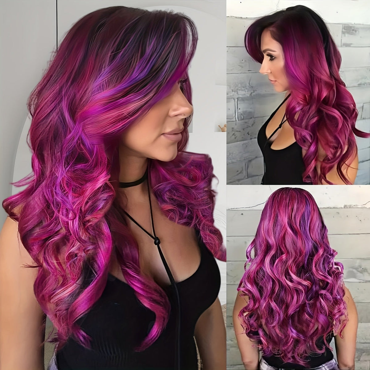 Synthetic Wig 26-Inch Ombre Rose-Red to Dark-Purple Body Waves with Bangs and Side Part for Cosplay — image 11