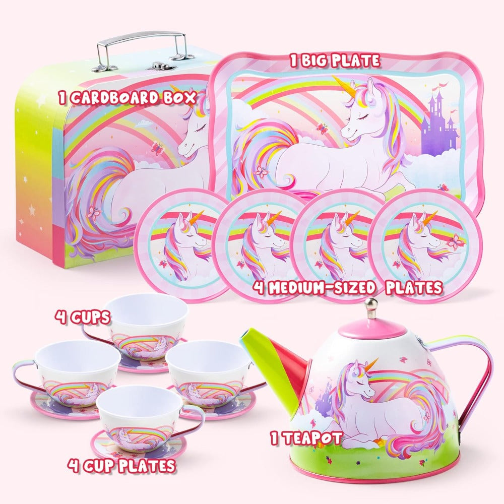 Pink Unicorn Tin Tea Set in Carry Case with Teapot, Four Cups, Four Saucers and Five Plates — image 9