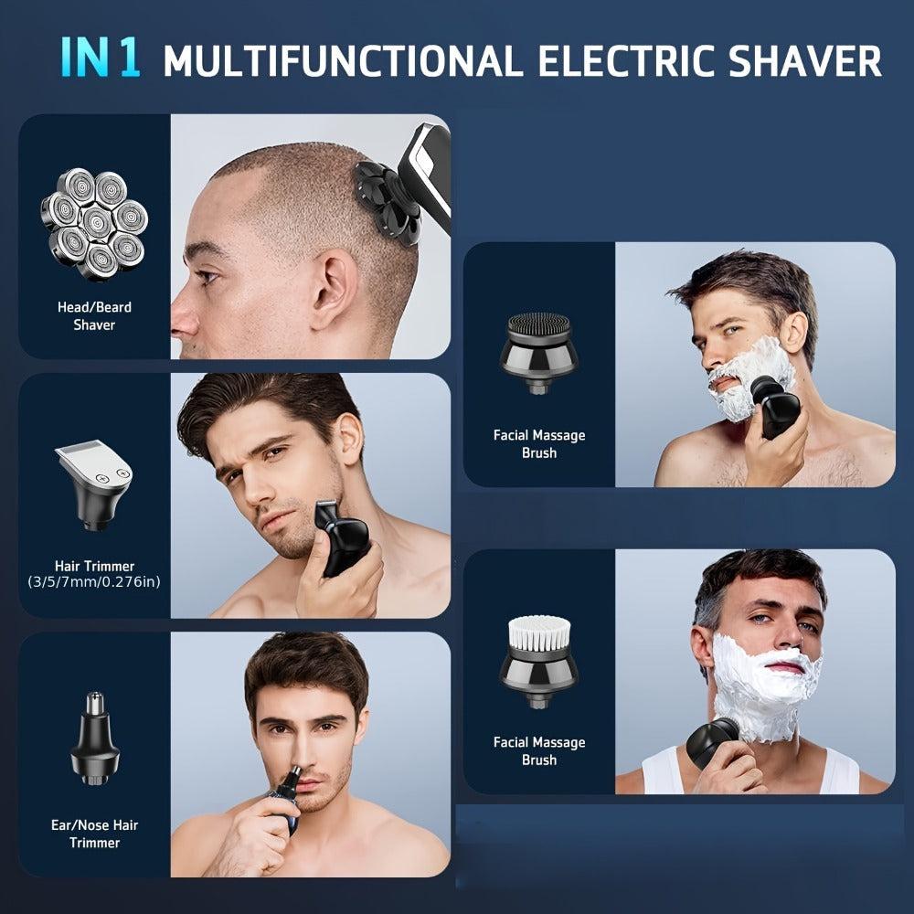 9D Floating Head Electric Razor for Bald Men 5-in-1 Grooming Kit Beard Trimmer Nose Hair Trimmer Facial Cleanser Body Groomer