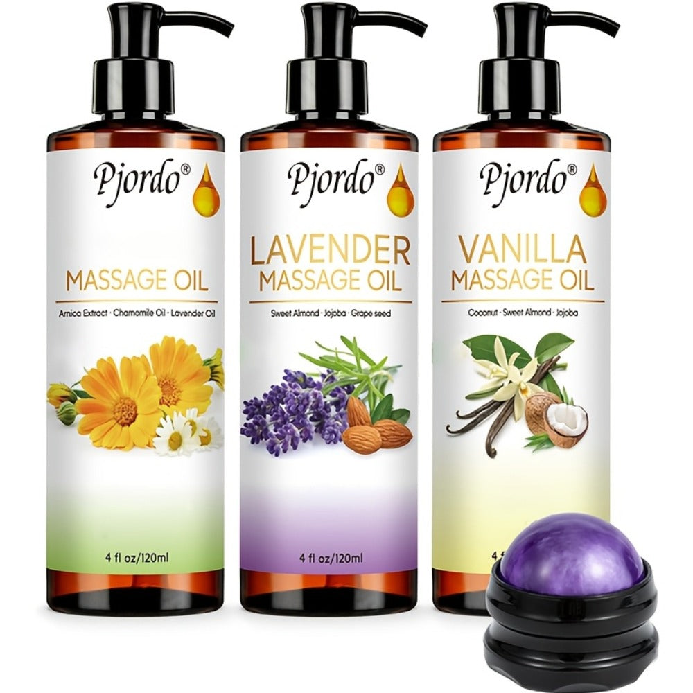 Massage Oil Set 3pcs Roller Ball, Vanilla Arnica & Lavender Essential Oils Moisturizing Body Massage Kit — image 1