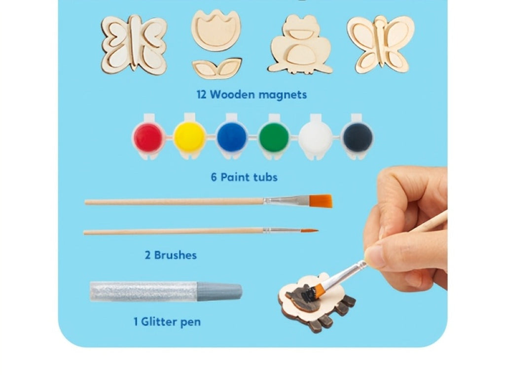 Wooden Magnet Painting Craft Kit, 12-Piece Nature Shape Set with Six Paint Tubs, Brushes and Glitter Pen — image 14