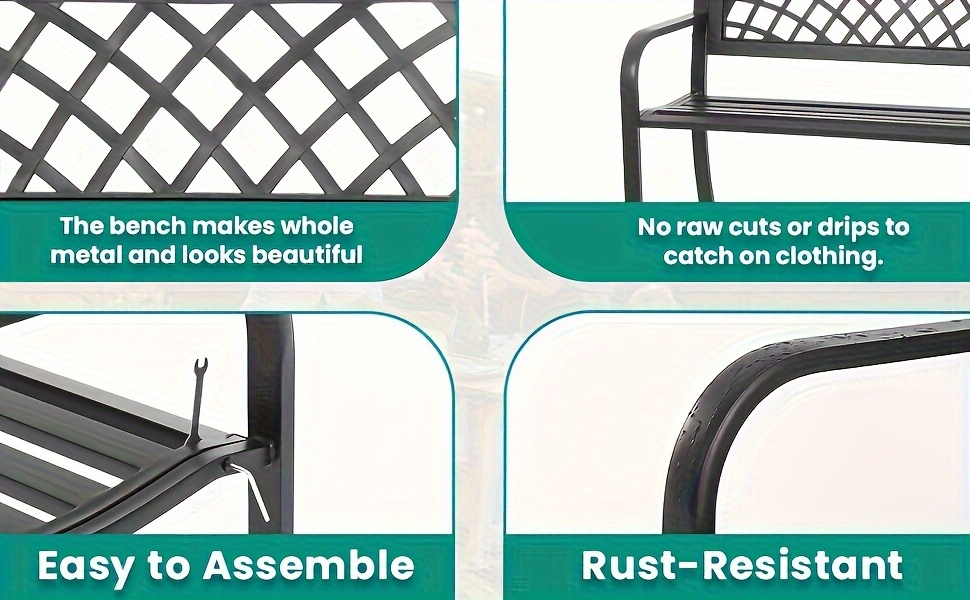 Garden Bench Outdoor Solid Black Metal Frame Patio Seating Park Bench for Backyard Lawn Porch Entryway for Garden, Patio and 