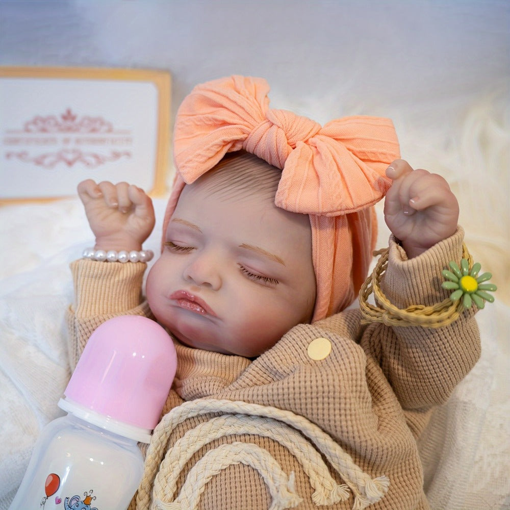 Reborn Baby Doll 20-Inch Sleeping Soft Cloth Body with Striped Outfit, Bow Headband and Feeding Accessories — image 4