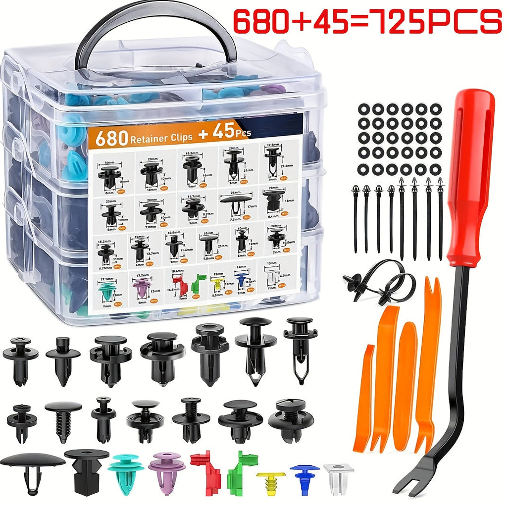 Car Bumper Screw & Rivet Repair Kit 725-Piece – Universal Plastic Clips, Nuts & Fasteners for Bumper, Wing & Interior Body Pa