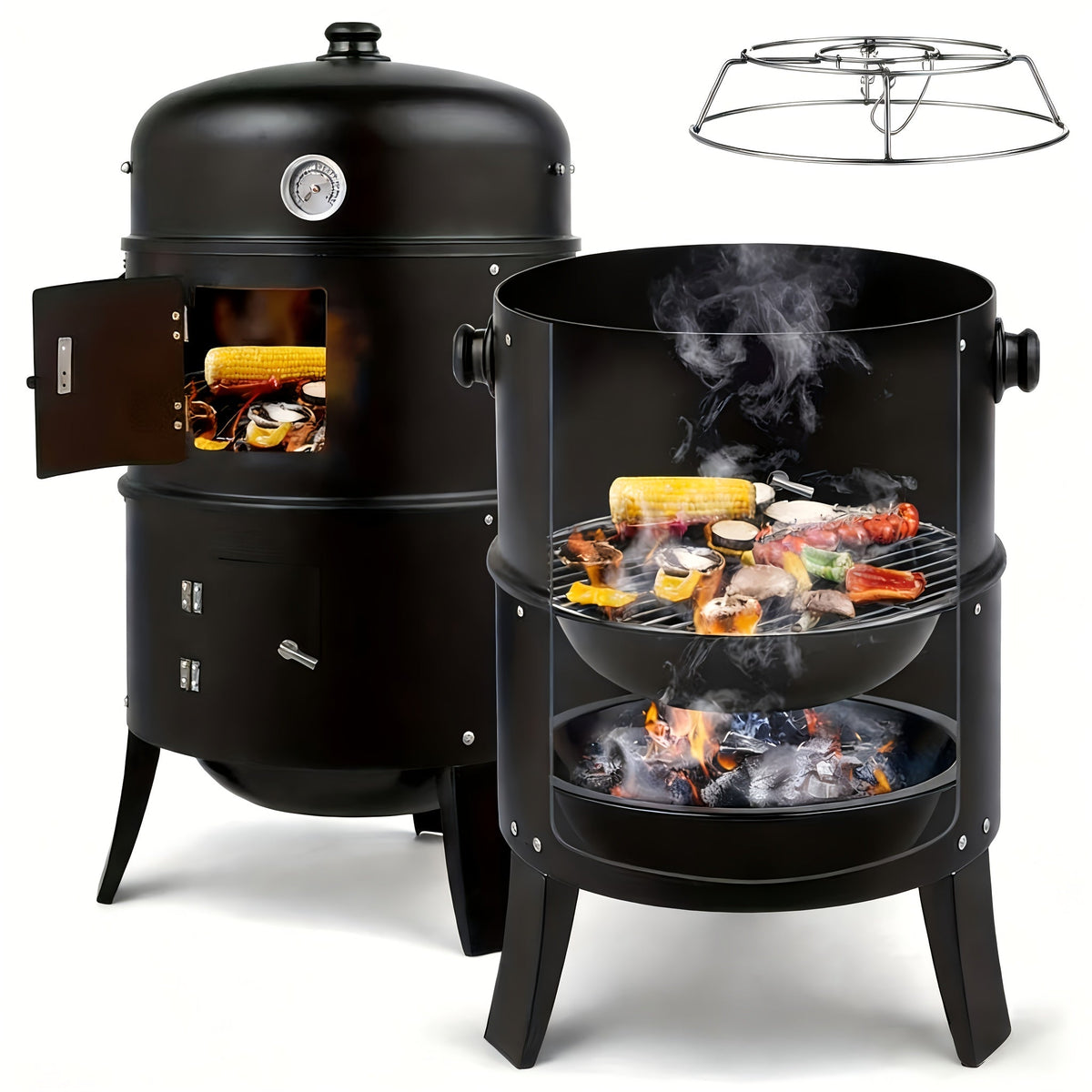 3-in-1 Barrel Charcoal Grill and Smoker with Two Access Doors, Top Vent, Thermometer and Upgrade Option — image 3