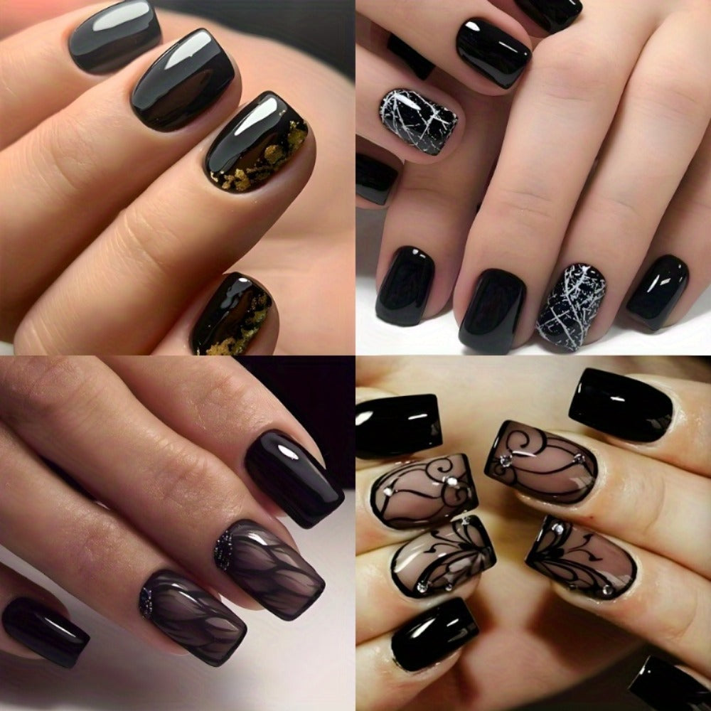 Press On Nails 96-Piece Short Square Black Ice-Crack Pattern Glossy Full-Cover Set with Nail Glue — image 5
