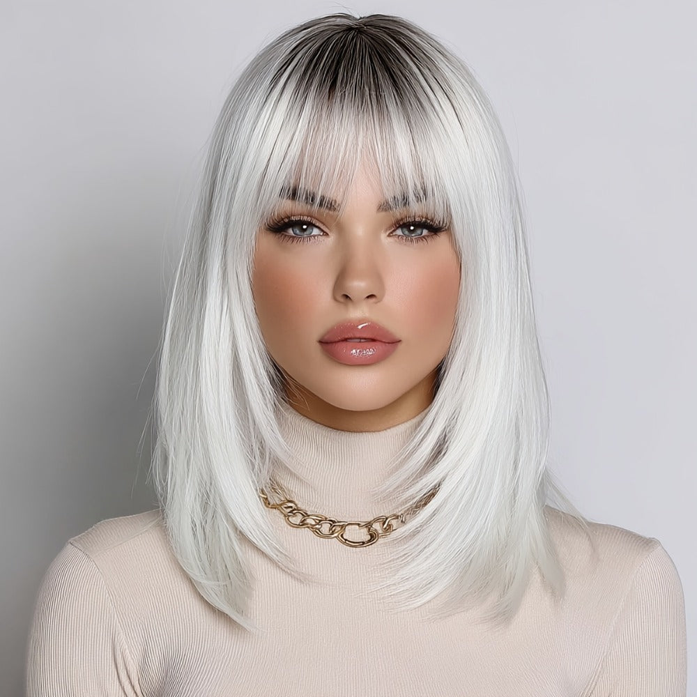 Synthetic Wig 16-Inch White Gradient Straight Style with Bangs and Glueless Rose Net Cap for Cosplay — image 2