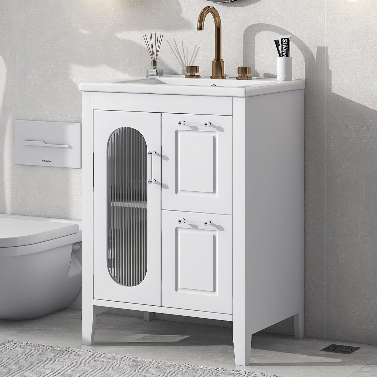 24" Bathroom Vanity with Sink, Bathroom Vanity Cabinet with Two Drawers and Door, Adjustable Shelf, Solid Wood and MDF, White - V.I.P Digital Presence