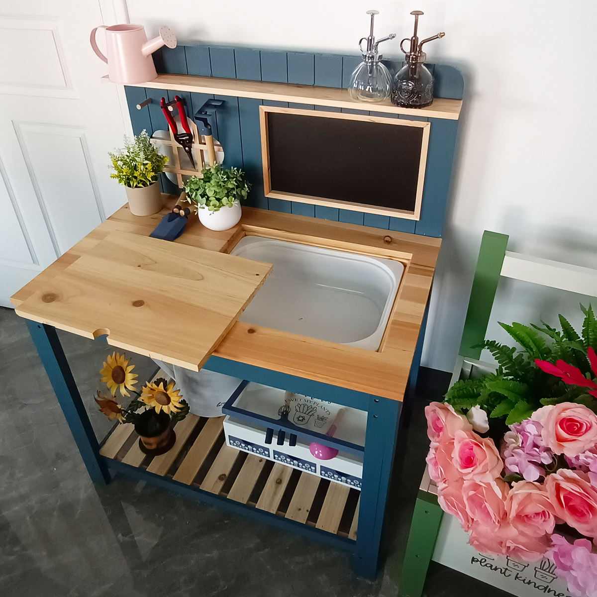 Potting Bench with Blackboard Removable Sink Hooks Double Shelf for Garden — image 25