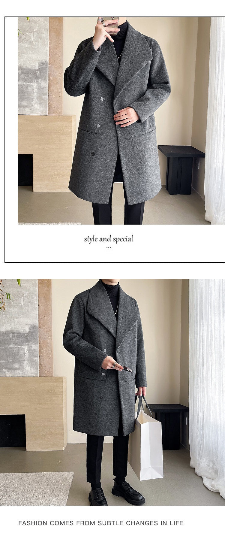 Men's Cotton-padded Mid-length Woolen Coat
