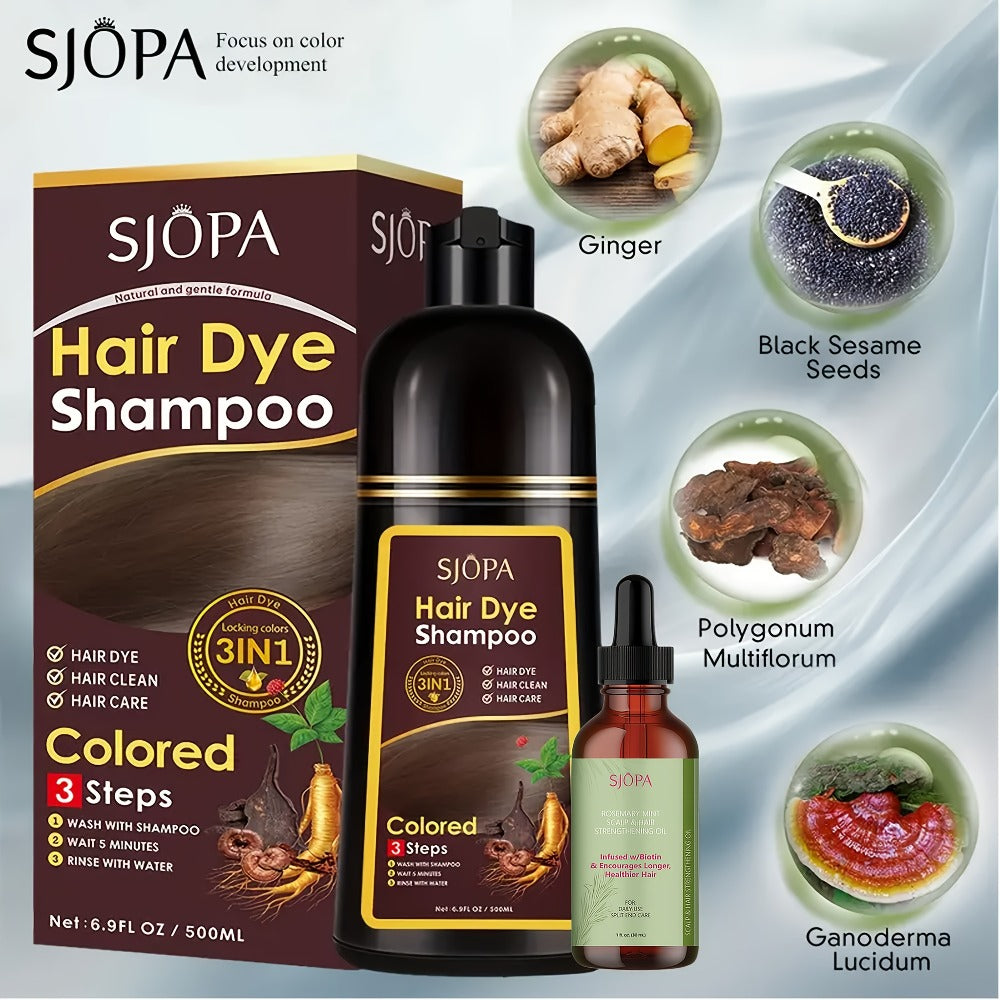 Hair Dye Shampoo, SJOPA 500ml Bottle and Rosemary Hair Oil Set with Seven Color Options for At-Home Color Selection — image 1