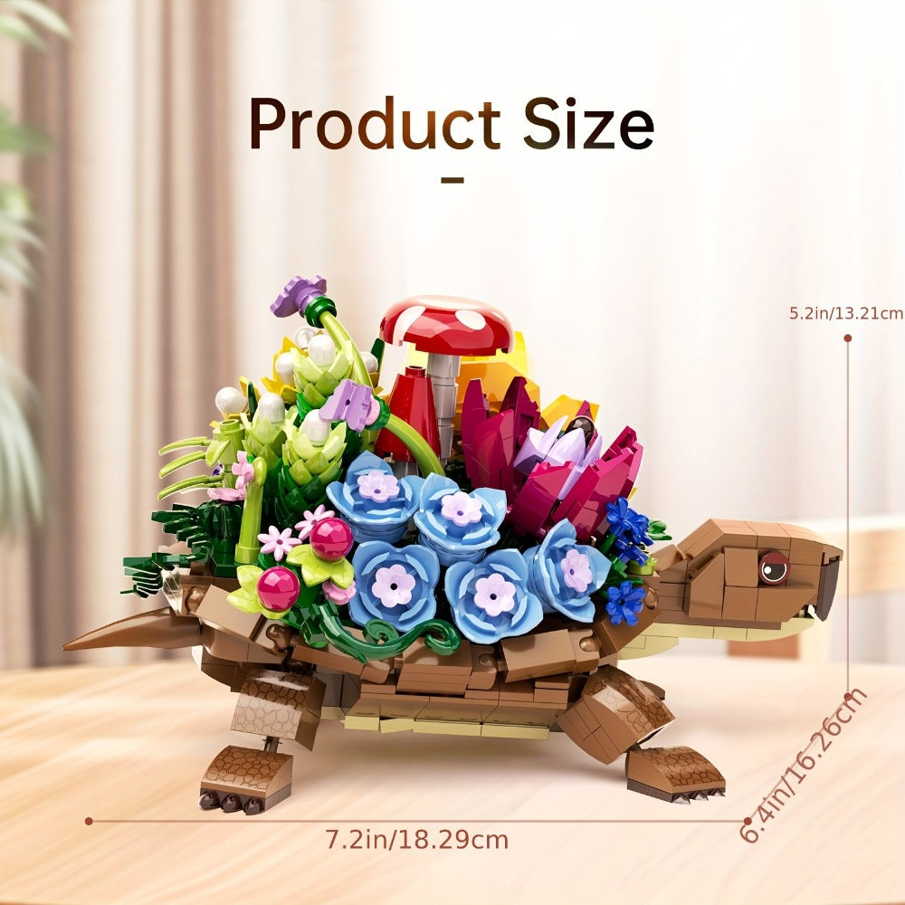 Turtle Flower Planter Building Block Set 510 Pieces – Cute Turtle Brick Puzzle Decor Toy, Unique Handmade Display Gift for Ki
